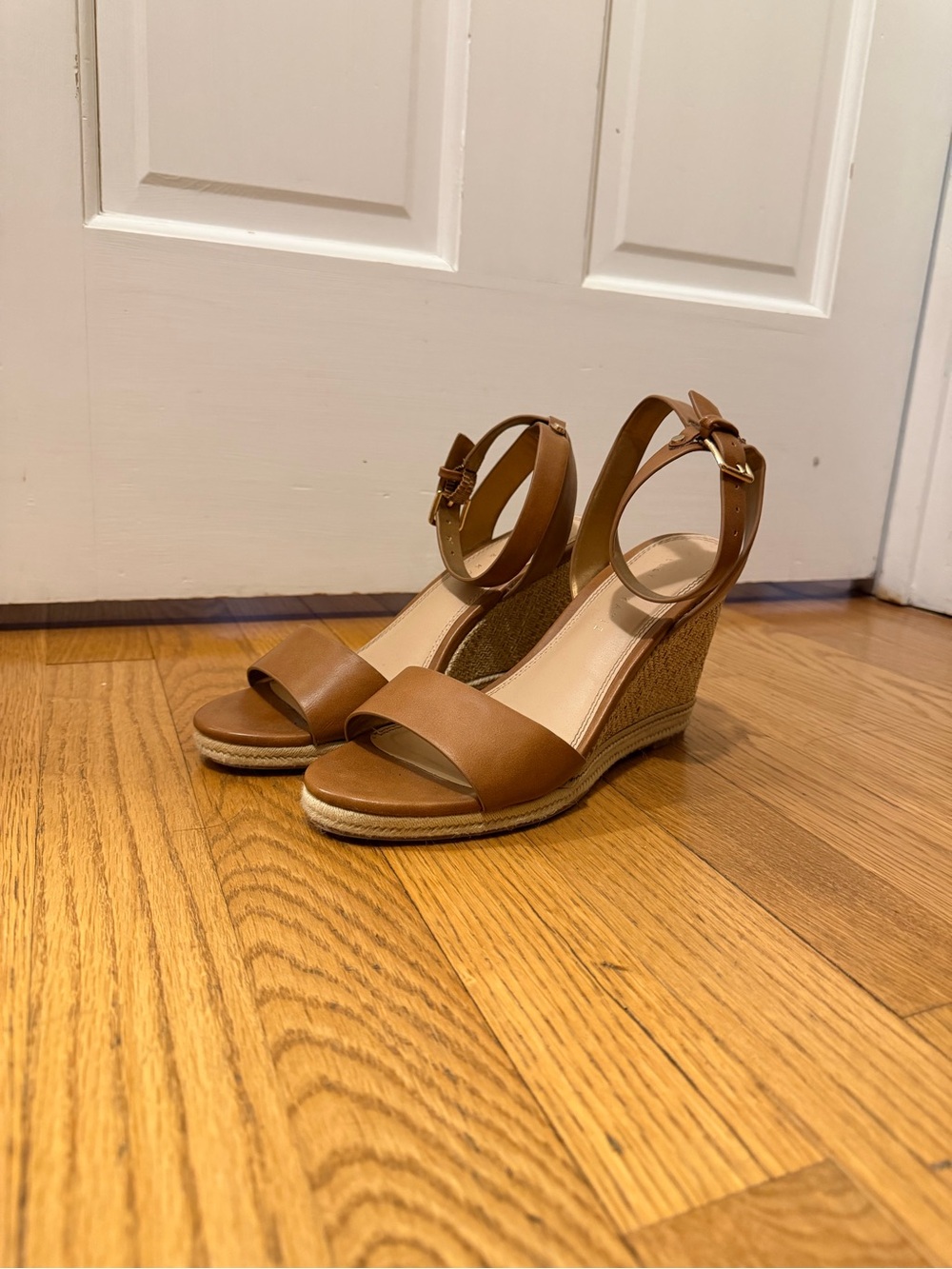 Tan Wedge Sandals with Ankle Strap